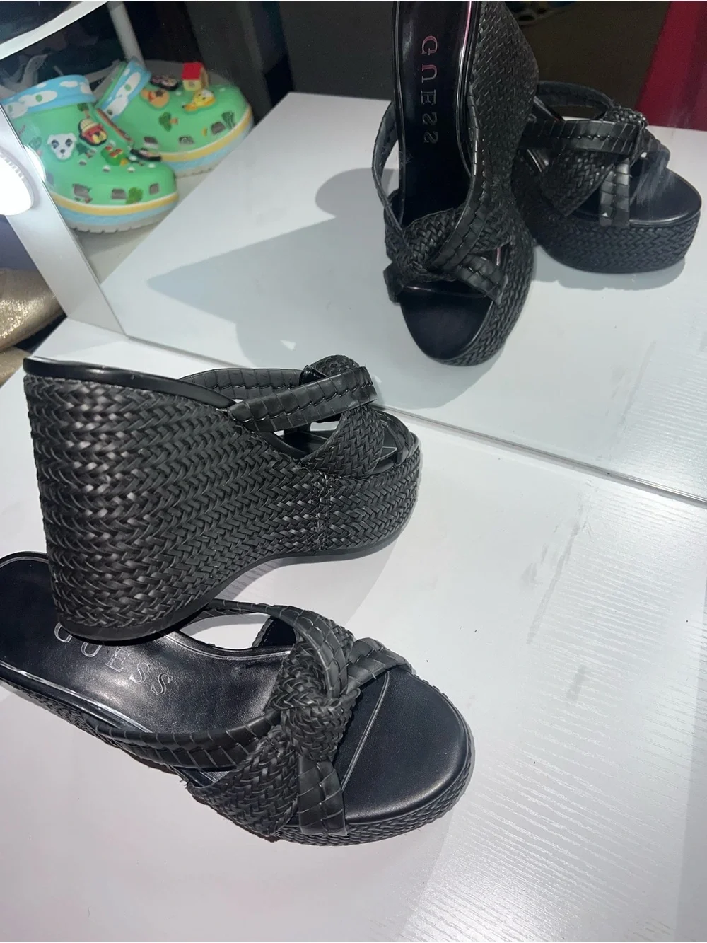 GUESS Black Eveh Knotted Jute Wrapped Platform Wedge Sandals